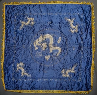 Large square blue silk tapestry, lined and...
