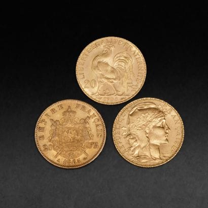 Trois pièces de 20 francs or (2 au coq une...