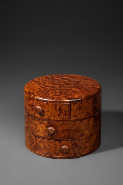 Round box made of thuja wood with three drawers...