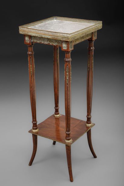 Square mahogany-veneered table with a gray...