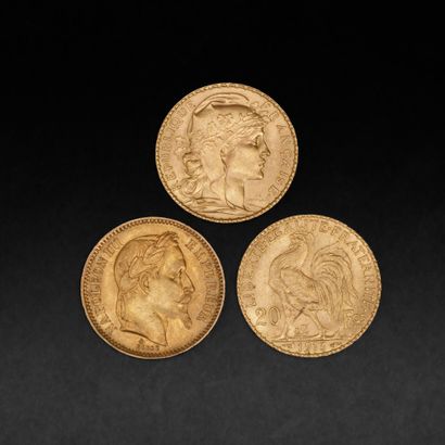 Trois pièces de 20 francs or (2 au coq une...