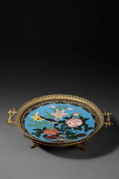 Circular gilded brass bowl with cloisonné...