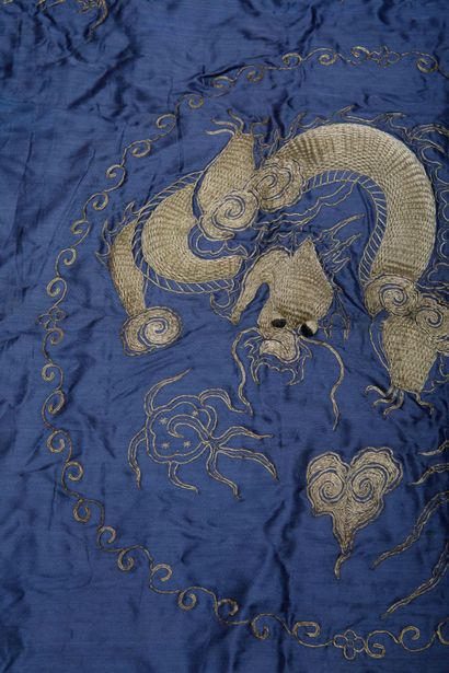 Large square blue silk tapestry, lined and...
