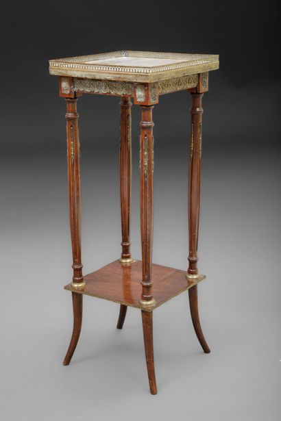 Square mahogany-veneered table with a gray...