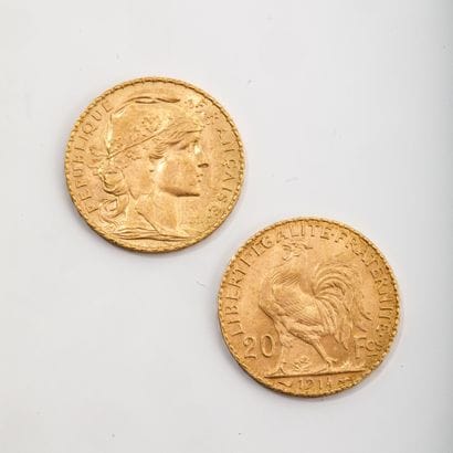 Deux pièces de 20 francs or datées 1912 et...