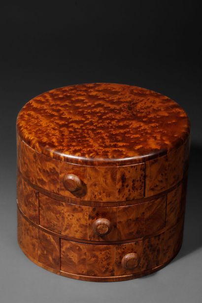 Round box made of thuja wood with three drawers...