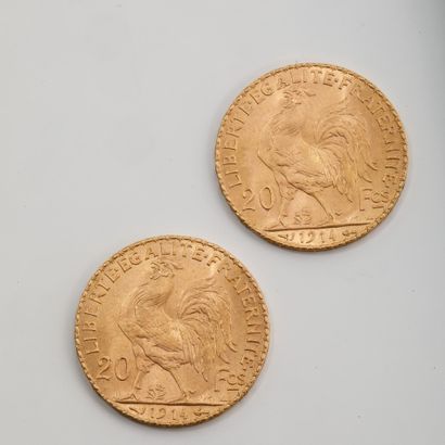 Deux pièces de 20 francs or datées de 1914
Poids:...