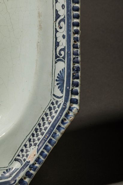 Octagonal blue-glazed earthenware dish with...