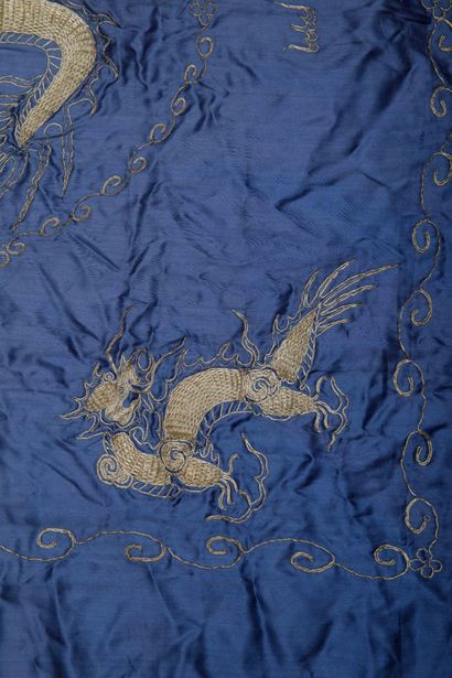 Large square blue silk tapestry, lined and...