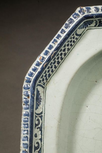 Octagonal blue-glazed earthenware dish with...