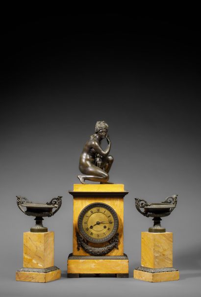 Yellow marble and bronze mantelpiece with...
