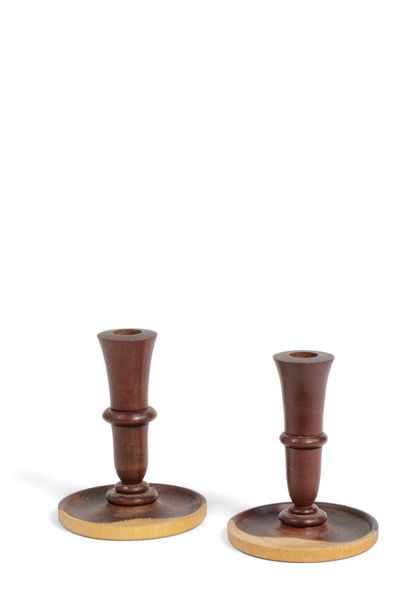 Pair of partially stained turned wood candleholders
H.:...