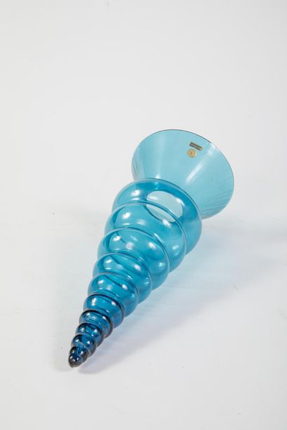 Blue-tinted glass vase with a geometric,...