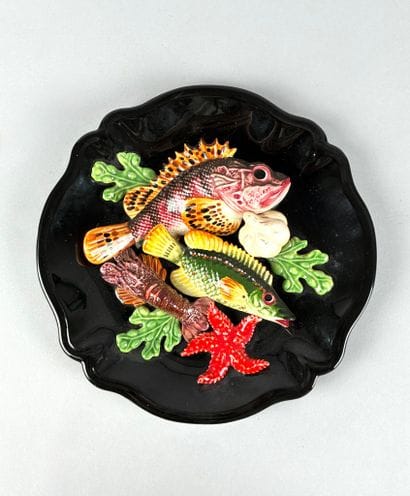 In the style of VALLAURIS,
Polychrome glazed...