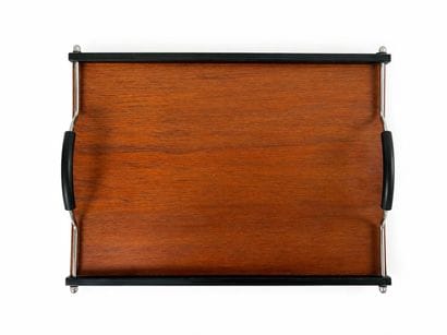 Brown-stained veneer tray with black border...