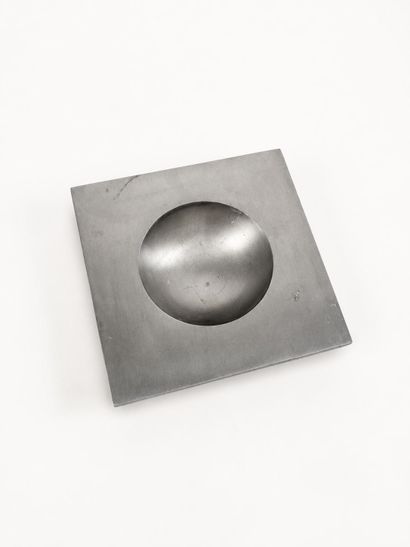Square-shaped brushed metal tray with a hemispherical...