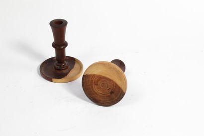 Pair of partially stained turned wood candleholders
H.:...