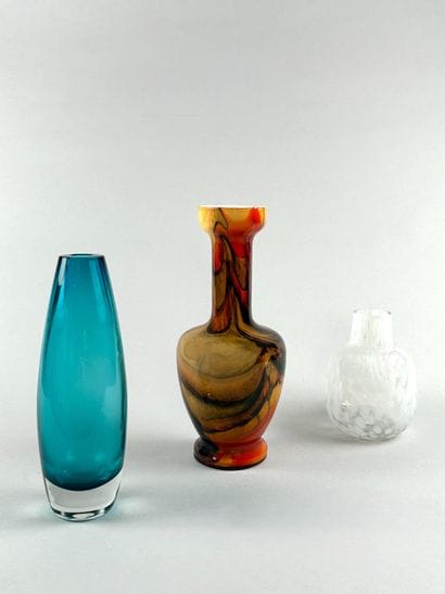 Set of three glass vases: one in marbled...