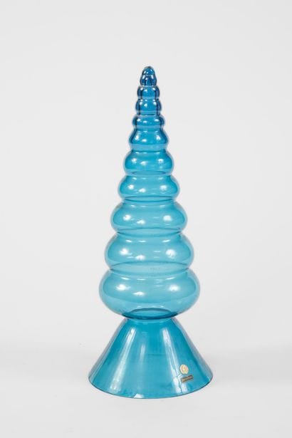 Blue-tinted glass vase with a geometric,...