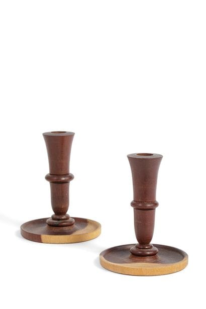 Pair of partially stained turned wood candleholders
H.:...