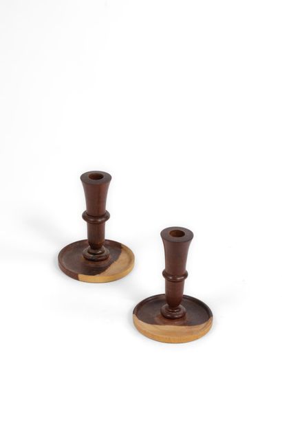 Pair of partially stained turned wood candleholders
H.:...