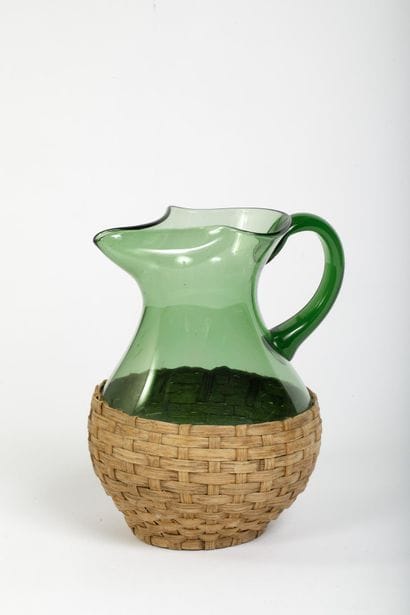 Green glass pitcher, tinted throughout, enclosed...