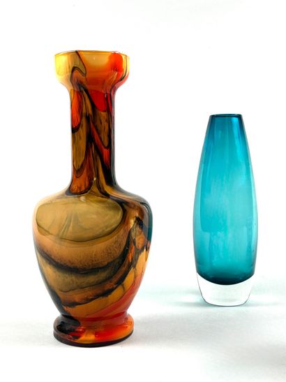 Set of three glass vases: one in marbled...