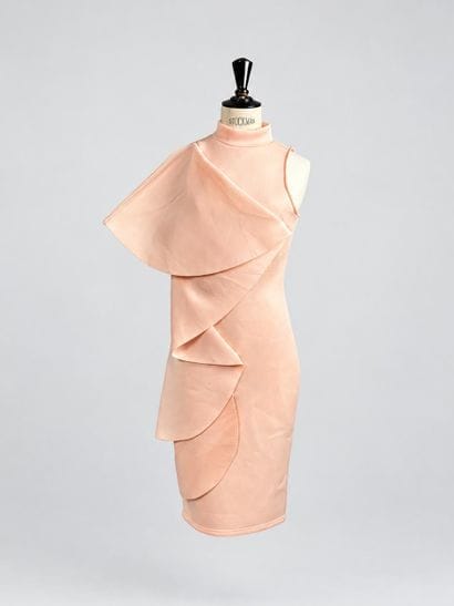 Powder-pink bodycon dress with ruffles cascading...