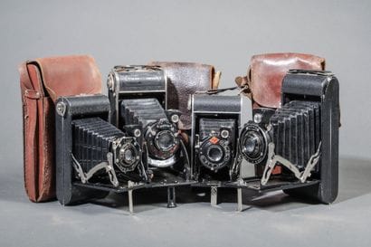 A set of four assorted bellows cameras, including...