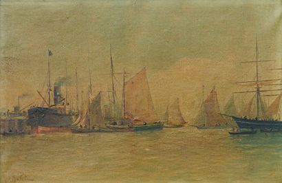 Ecole Française - XIXe
Bateaux au port. Huile...