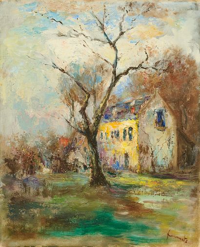 Signature illisible
La maison jaune. Huile...