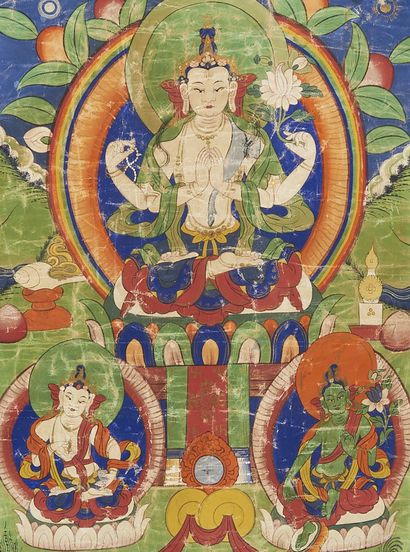 Tibet, Chine. Thangka Les trois Bodhisattvas...