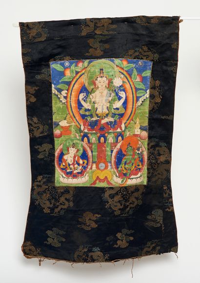 Tibet, Chine. Thangka Les trois Bodhisattvas...