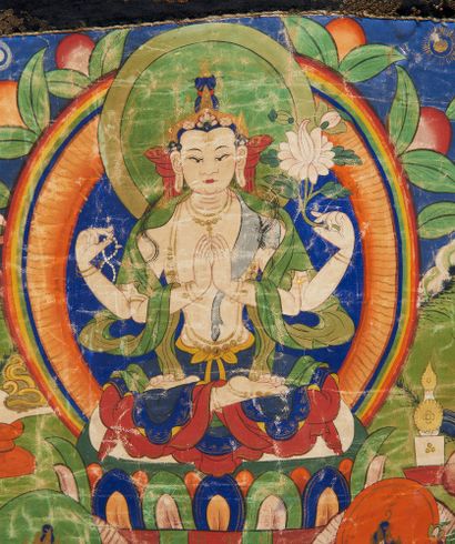 Tibet, Chine. Thangka Les trois Bodhisattvas...