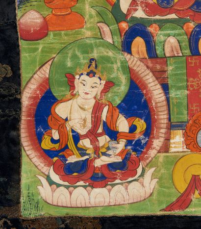 Tibet, Chine. Thangka Les trois Bodhisattvas...