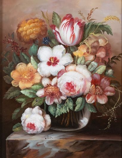 V.Pelto
Nature morte à la tulipe et aux pivoines.Huile....
