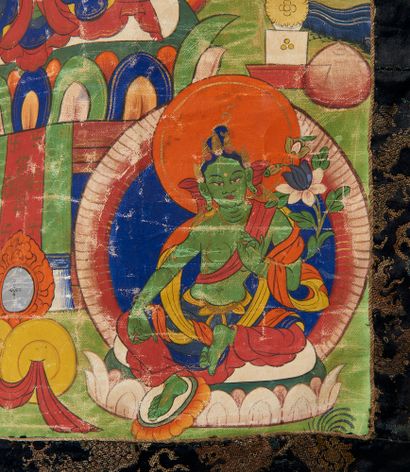 Tibet, Chine. Thangka Les trois Bodhisattvas...
