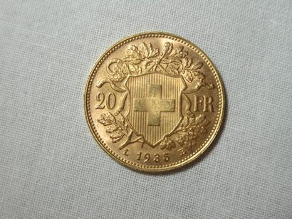SUISSE Pièce de 20 francs en or, 1935. Poids...