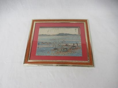 JAPON Gravure en couleurs, figurant des personnages,...