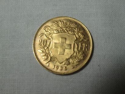 SUISSE Pièce de 20 francs en or, 1935. Poids...