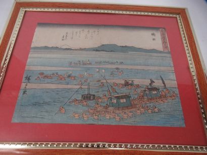 JAPON Gravure en couleurs, figurant des personnages,...