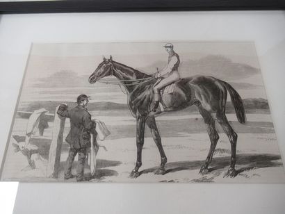 Gravure en noir, figurant un jockey à cheval....