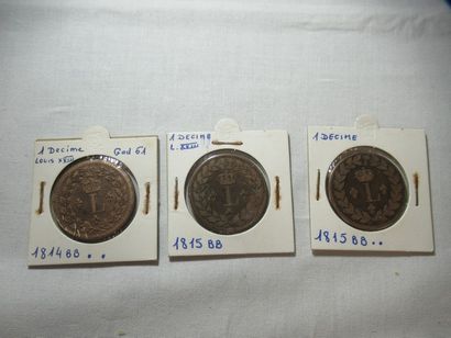 Lot de 3 pièces de 1 décime en bronze, Louis...