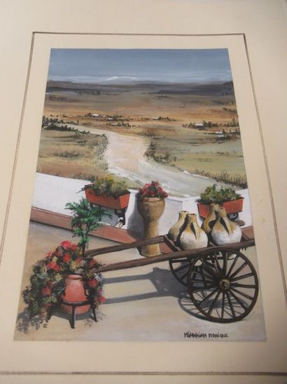 Lot comprenant une aquarelle, figurant un...