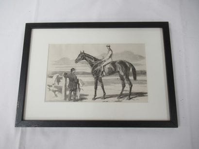 Gravure en noir, figurant un jockey à cheval....
