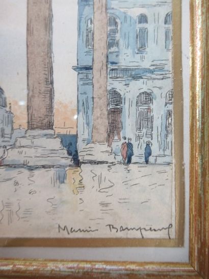Gravure rehaussée, figurant une vue de Venise....
