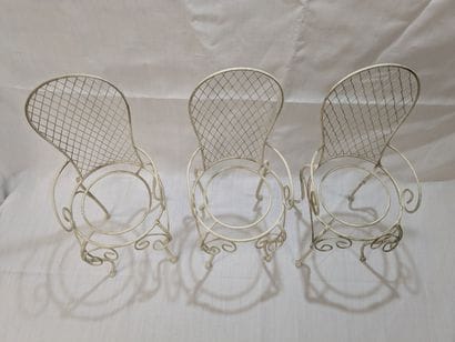 Set of three miniature lacquered metal armchairs....