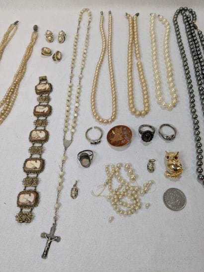 Set of metal, stone, resin, and glass jewelry,...
