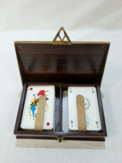 Veneered wooden card game box with brass...