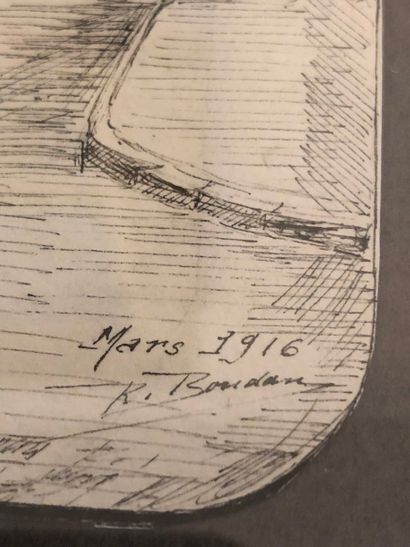 Paire de dessins à la plume signés R. BOUDAN...